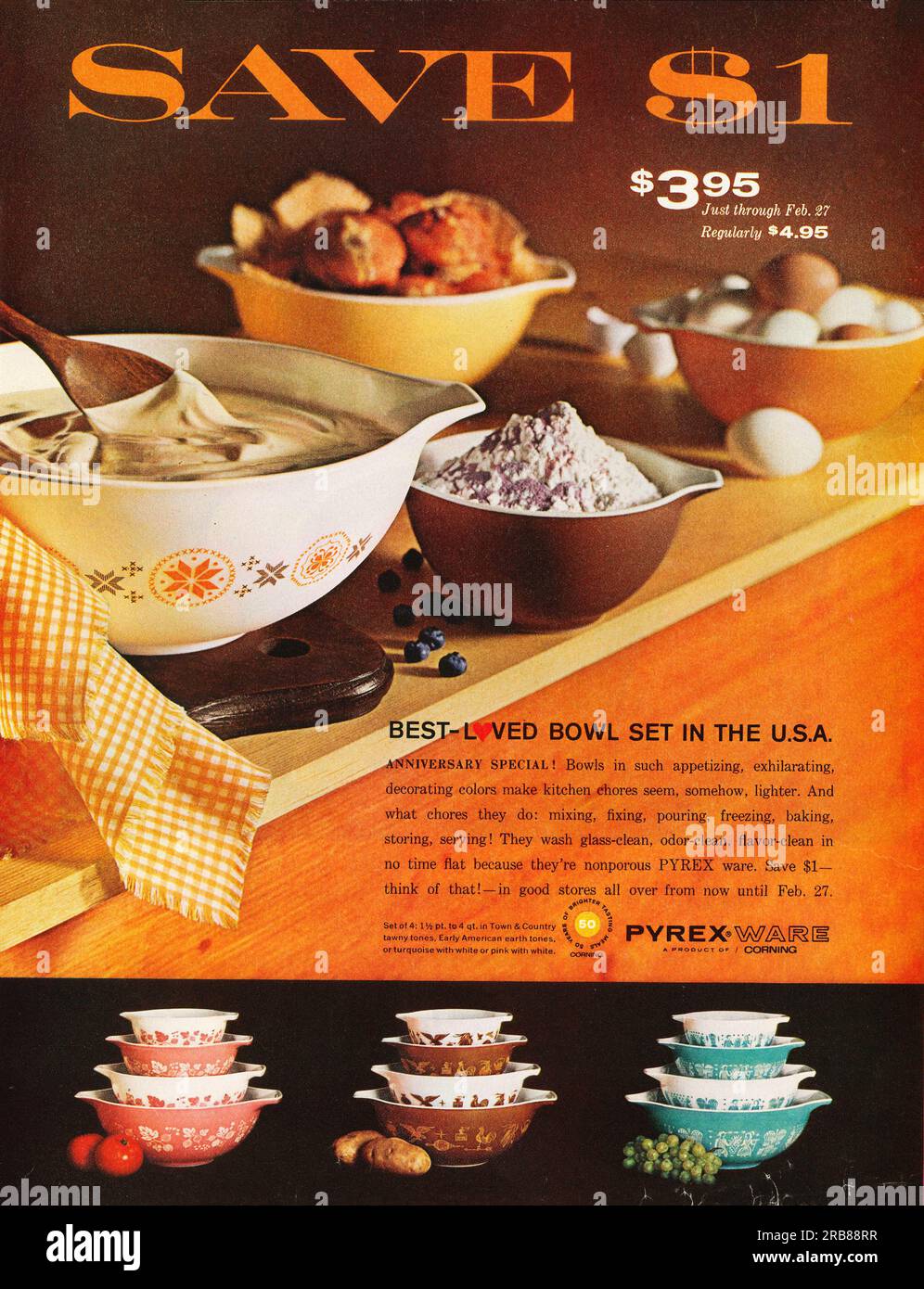 Publicité Corning Pyrex Ware Bowls dans un magazine Journal 1965 Banque D'Images Publicité Corning Pyrex Ware Bowls dans un magazine Journal 1965 Banque D'Images