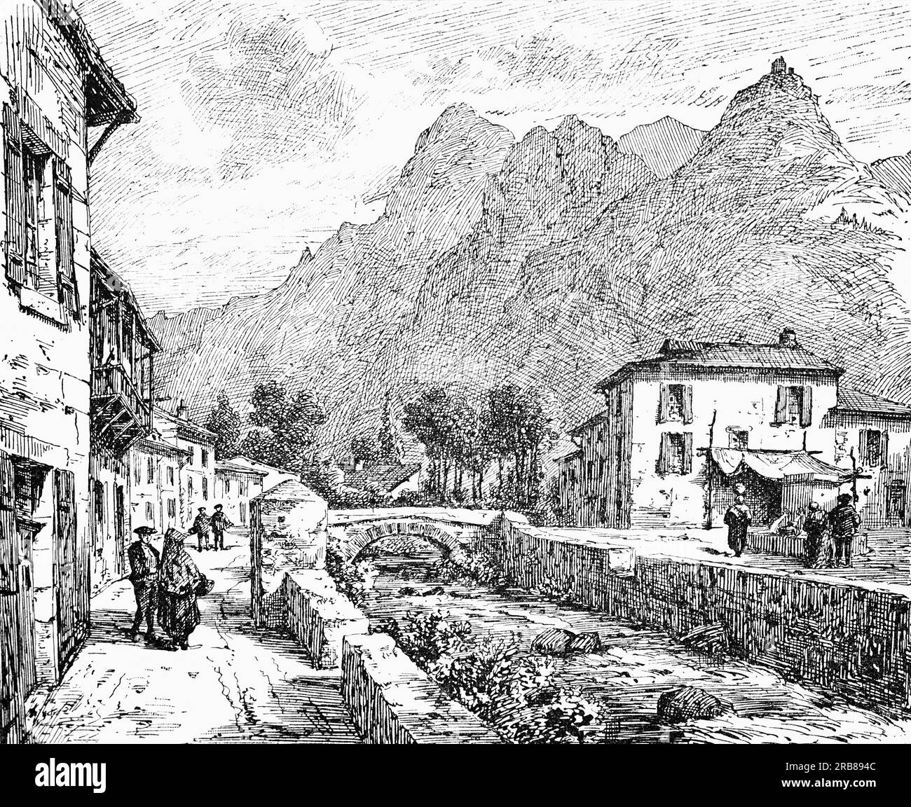 Une illustration de la fin du 19e siècle d'Auzat, une commune du département de l'Ariège dans la région Occitanie dans le sud-ouest de la France, située à la frontière entre la France et l'Espagne. Banque D'Images