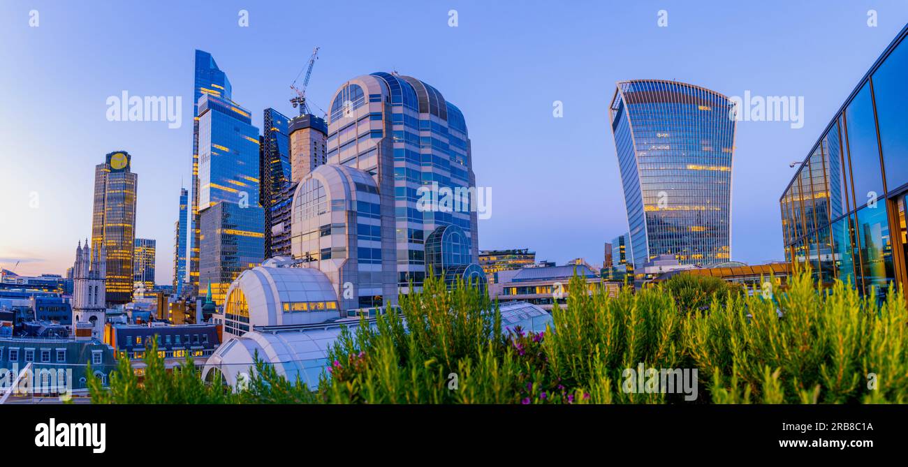 Londres, Angleterre, Royaume-Uni - 7 juillet 2023 : Panorama des nouveaux et futuristes bâtiments financiers célèbres de London City illuminés dans les lumières du soir, Banque D'Images