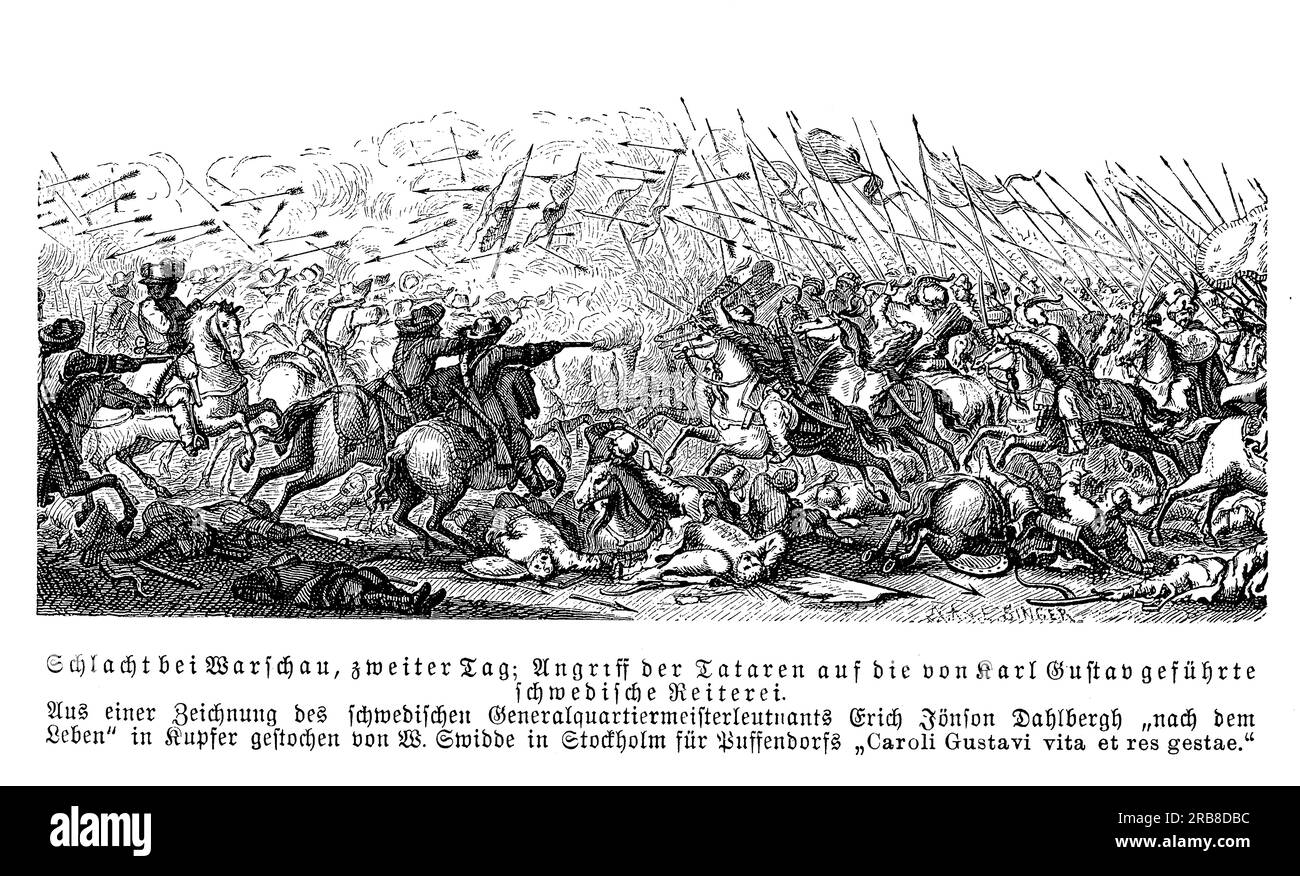 Bataille de Varsovie en 1656 entre les armées de la République polono-lituanienne et la Suède et le Brandebourg. Le deuxième jour de la bataille, les Tatars sont arrêtés par les régiments suédois, mais Charles Gustave est en danger et blessé. Banque D'Images