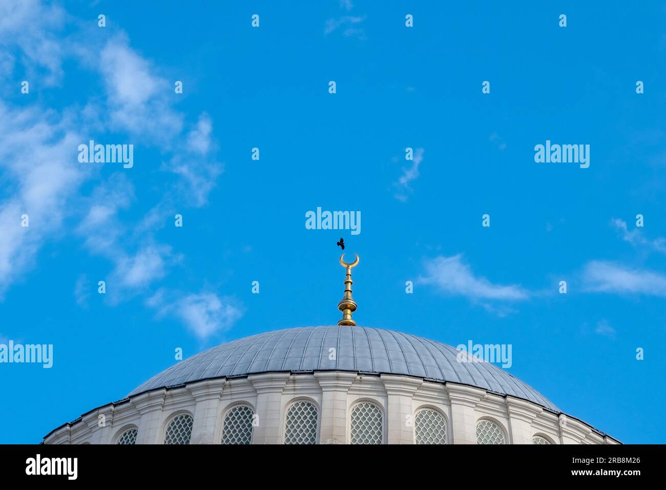 Minaret de mosquée et détails de dômes avec ciel bleu et fond d'oiseau. Concept de fond EID Mubarek. Mise au point sélective incluse. Espace ouvert. Banque D'Images