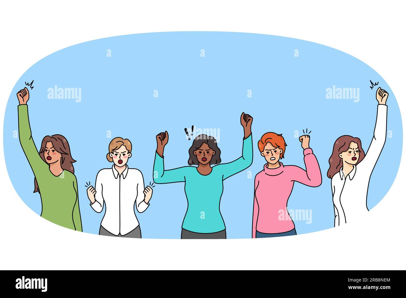 Diverses femmes multiethniques en manifestation contre la discrimination fondée sur le sexe. Les femmes multiraciales déterminées font la grève pour l'égalité des droits. Illustration vectorielle plate. Illustration de Vecteur