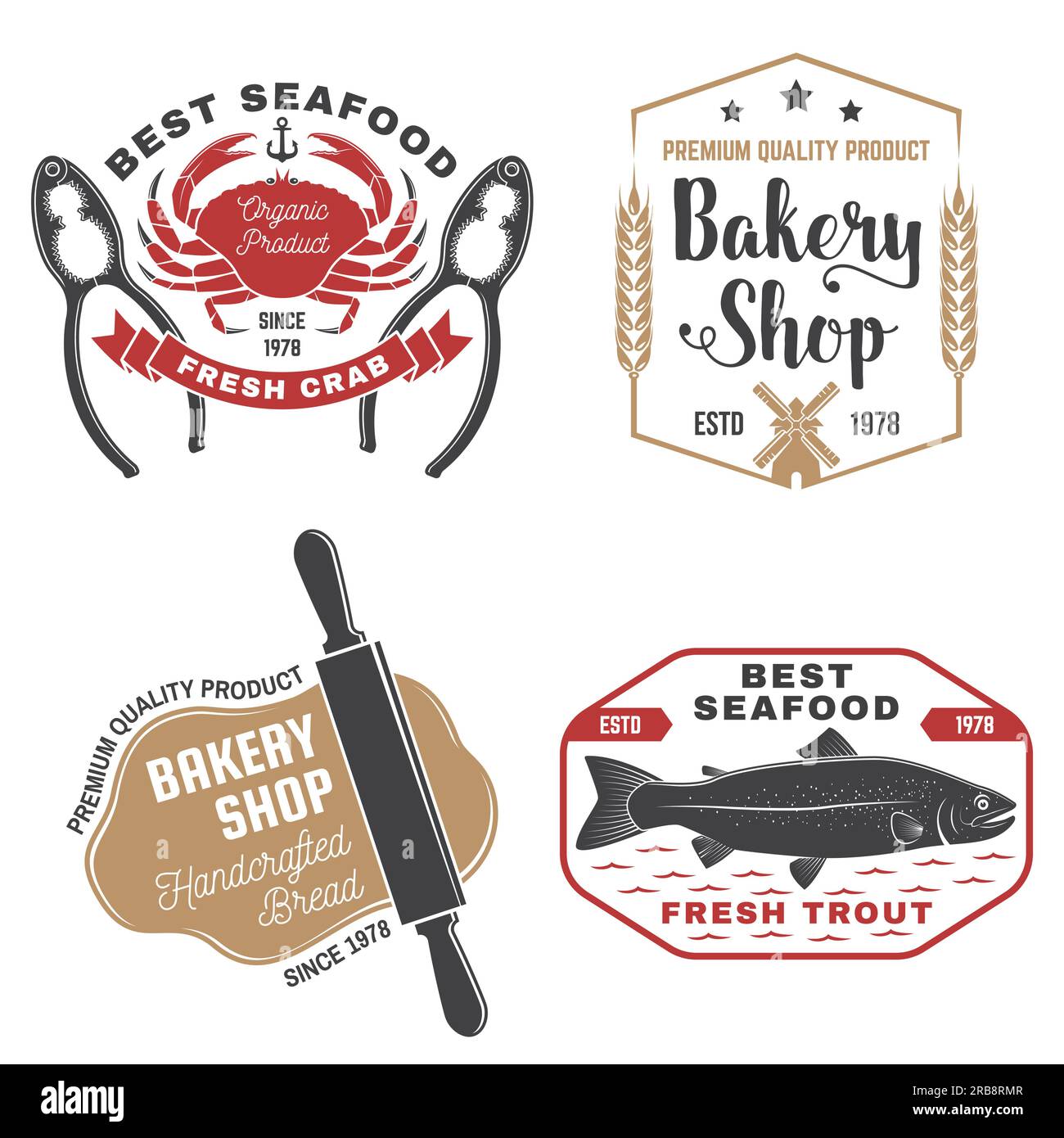 Ensemble de badges de boulangerie et de fruits de mer. Vecteur. Pour emblème, panneau, patch, chemise, menu restaurants avec rollpin, moulin à vent, épis de blé, thon, truite, crevettes Illustration de Vecteur