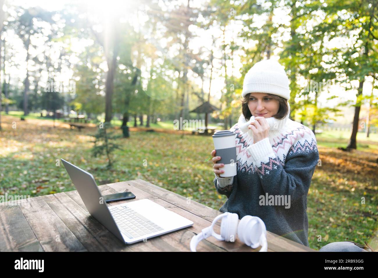 Travailleur indépendant travaillant sur ordinateur portable dans le parc d'automne. Banque D'Images