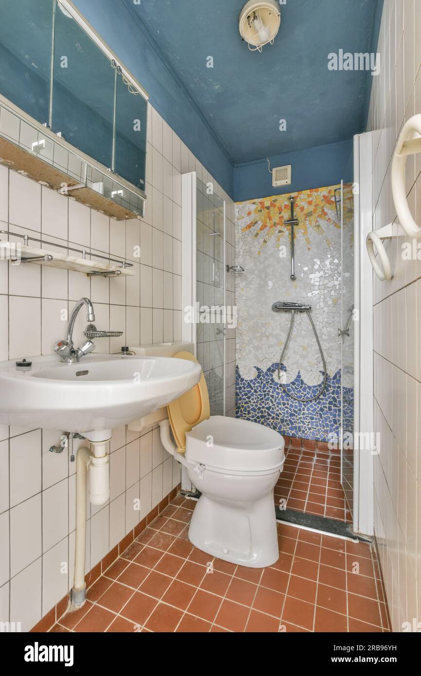 une salle de bain avec toilettes, lavabo et miroir dans le coin à côté est  un ciel bleu peint sur le plafond Photo Stock - Alamy