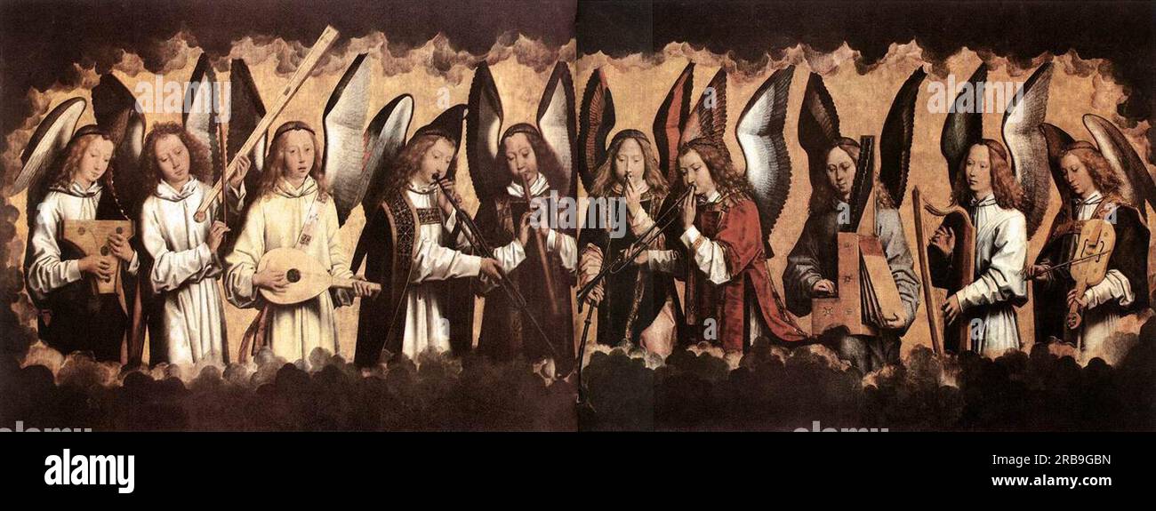 Cinq anges jouant des instruments de musique, panneau de gauche d'un  triptyque de l'église de Santa Maria la Real, Najera 1490 par Hans Memling  Photo Stock - Alamy