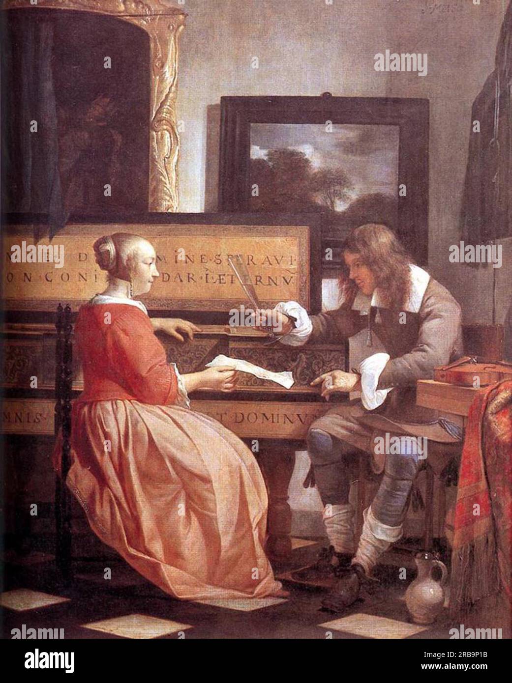 Un homme et une femme assis par un Virginal 1660 de Gabriel Metsu Banque D'Images