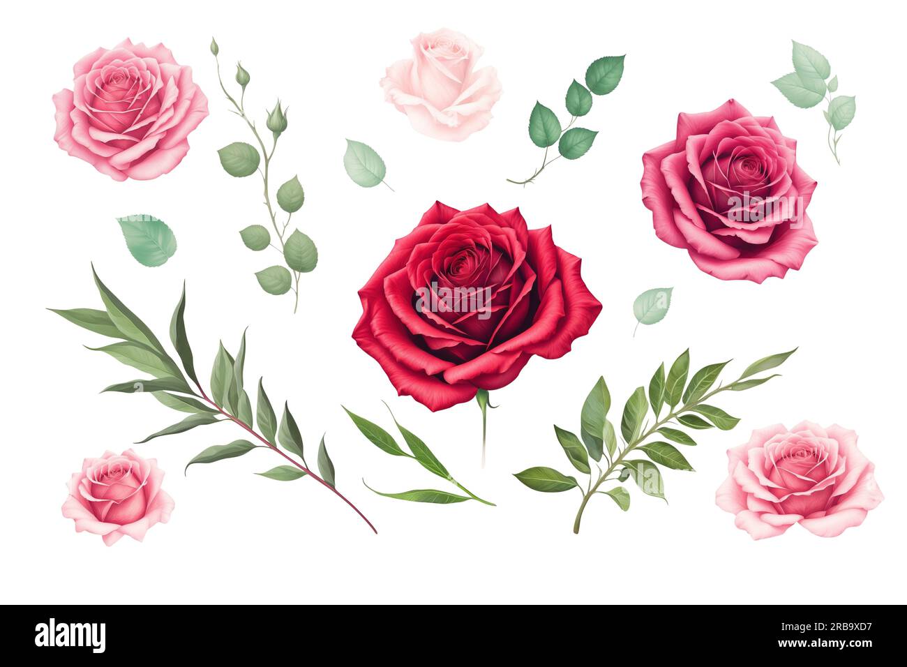 Roses de demi-teinte rouges et roses, éléments d'illustration dessinés à la main ensemble coloré Banque D'Images