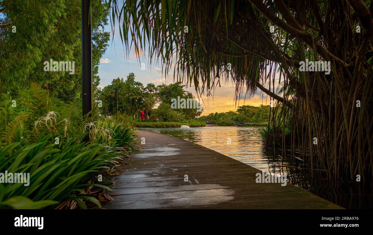 Vue de fin de journée d'une promenade le long d'un lac au parc Gardens by the Bay, Singapour. Pris un jour partiellement couvert sans personne Banque D'Images
