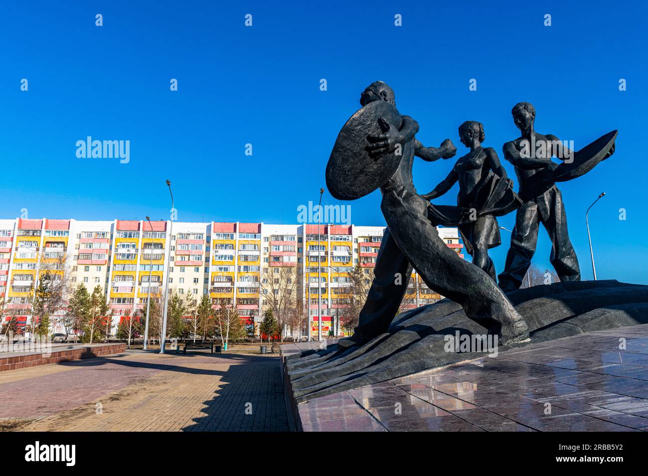 Conquérants du monument de la Terre vierge, Kostanay, Kazakhstan septentrional Banque D'Images