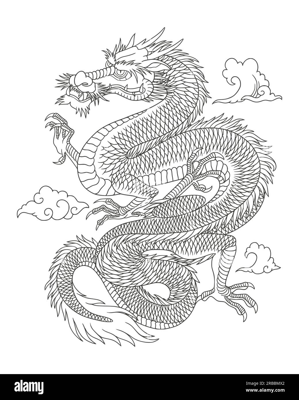 Art de ligne de dragon japonais isolé sur fond blanc. illustration vectorielle Illustration de Vecteur