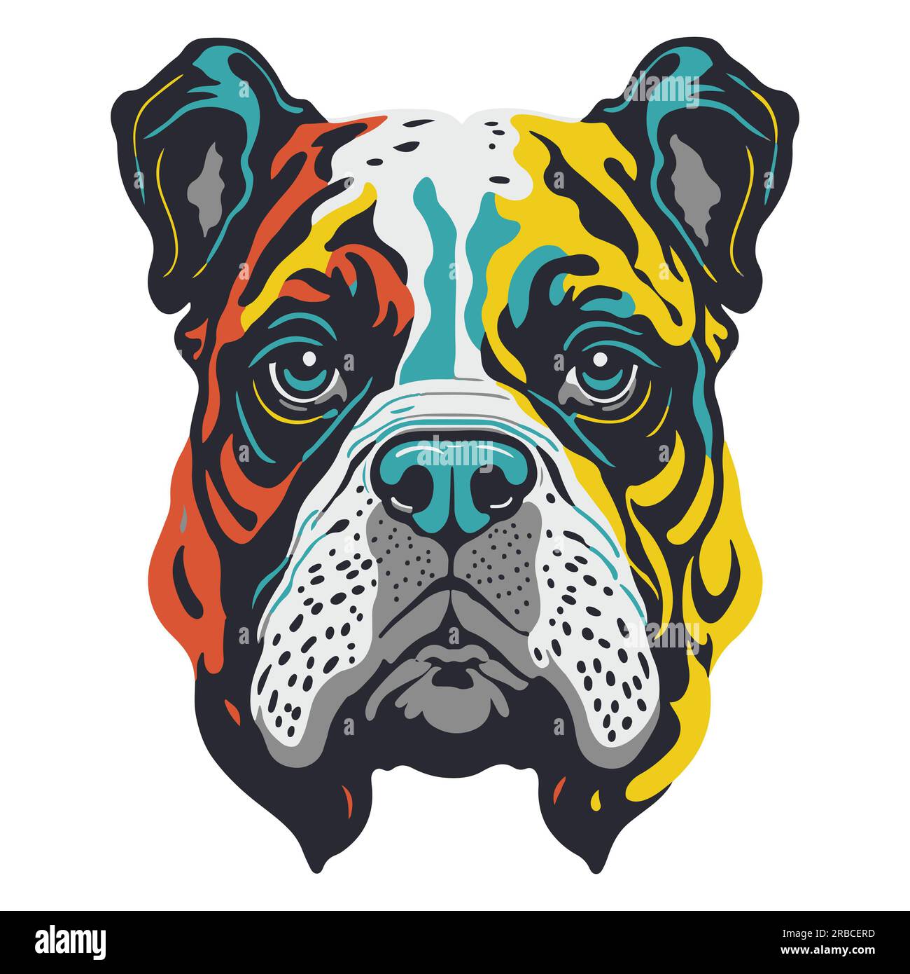 Art isolé de la tête de Bulldog, style de conception graphique de rue avec couleur plate sur fond blanc. Motif graphique de la conception de chien. Banque D'Images