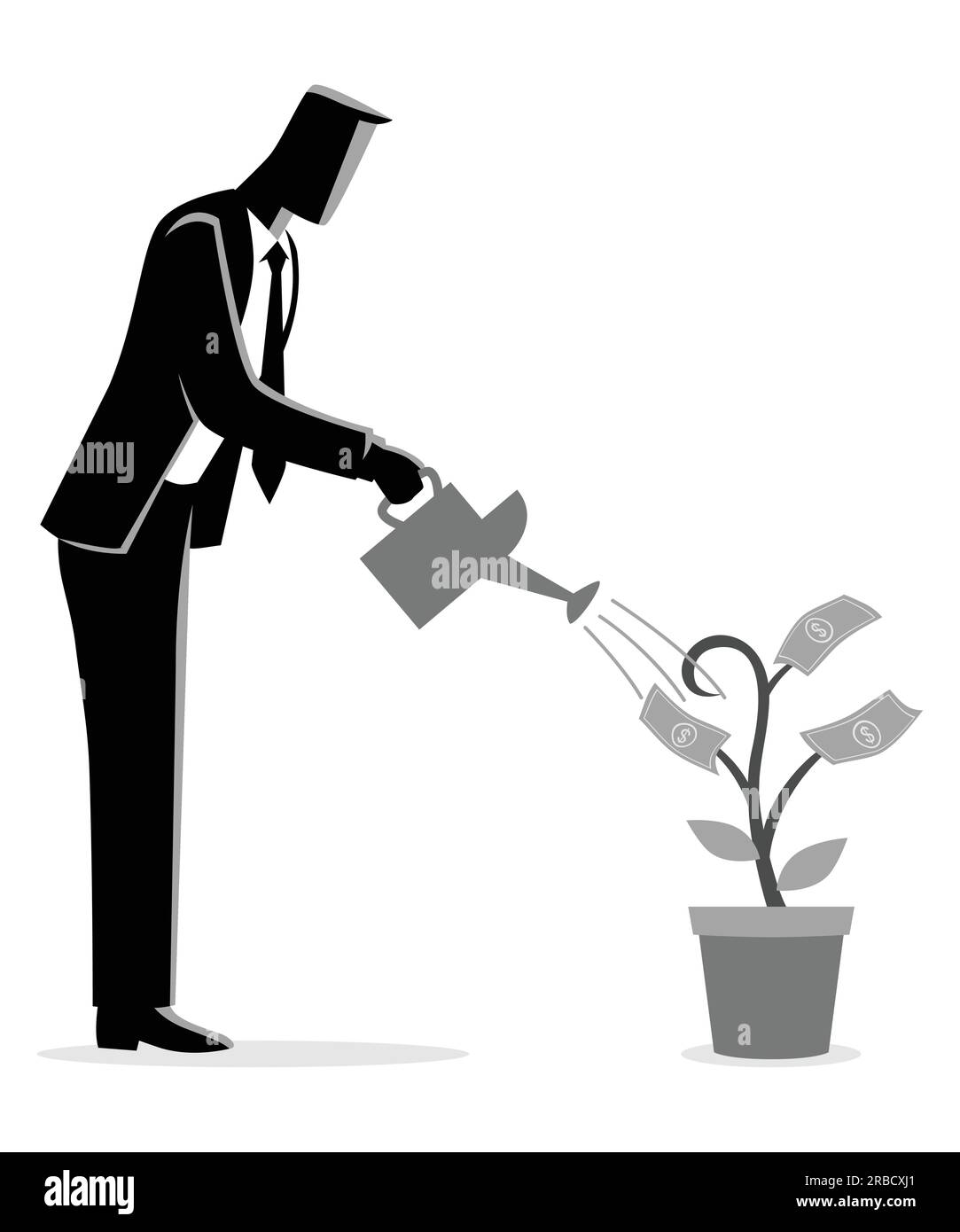 Illustration d'un vecteur de concept d'affaires d'un homme d'affaires arroser jeune plante avec des feuilles de dollar. Investissement, concept de croissance de l'entreprise Illustration de Vecteur