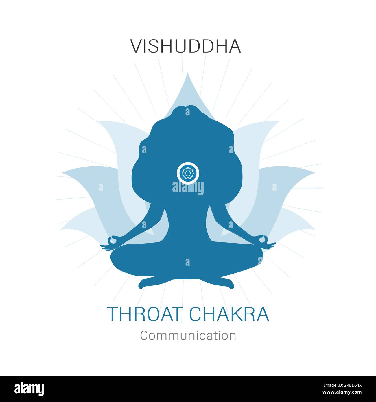 Vishuddha emplacement. Cinquièmement, symbole du chakra de la gorge. Silhouette féminine méditant en position lotus. Travaillez avec le subconscient. Culture indienne. Vecteur plat Illustration de Vecteur