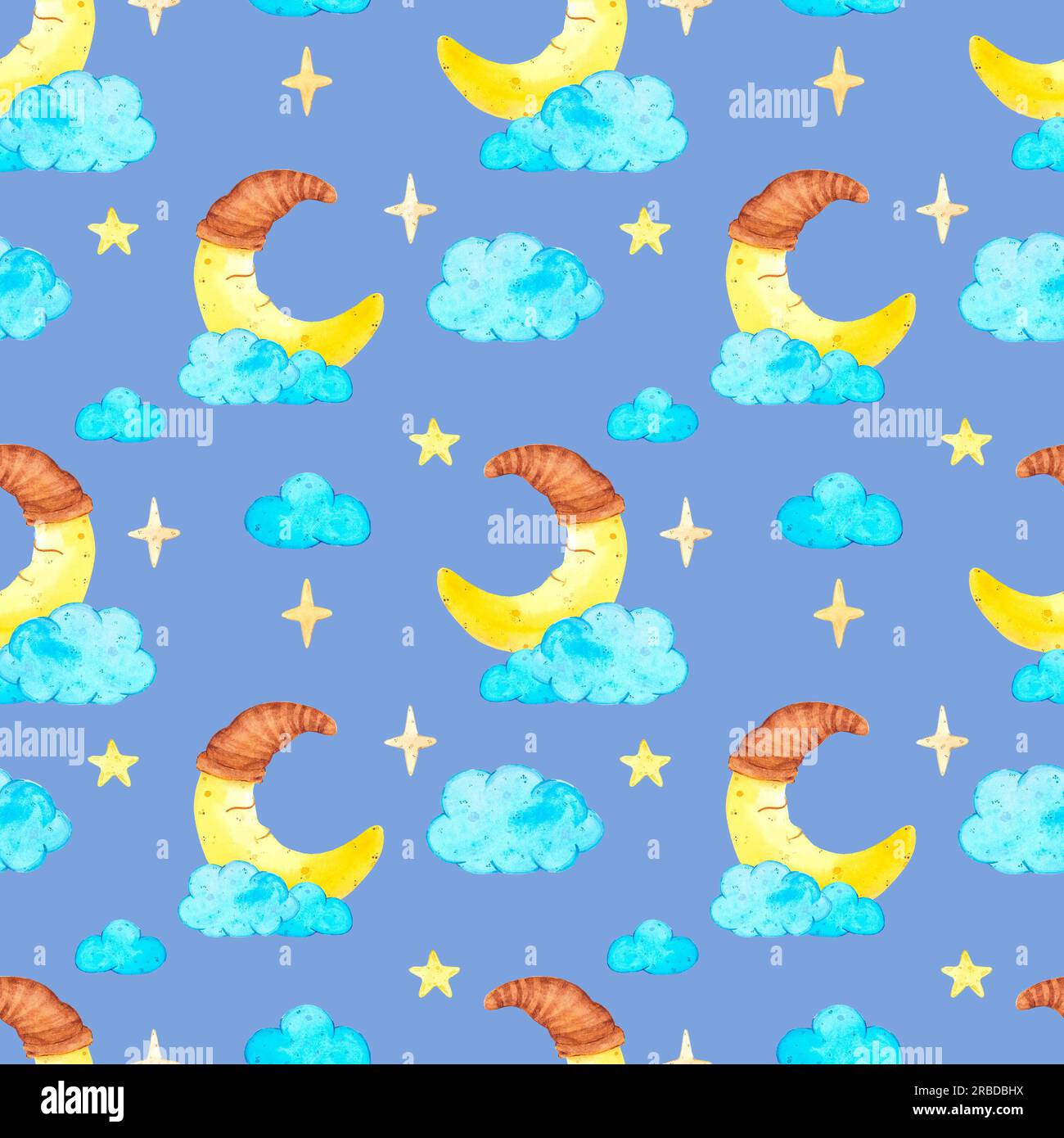 Nuages bleus à l'aquarelle dessinés à la main avec un motif sans couture en croissant de lune souriant. Isolé sur fond bleu. Peut être utilisé pour le textile pour enfants, Gift-W. Banque D'Images