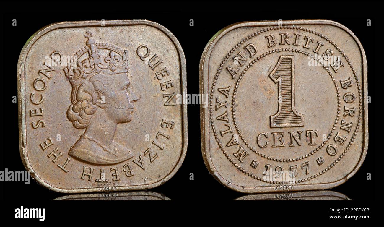 1957 Malaya & British Bornéo pièce d'un cent. L'avers présente un portrait couronné de la reine Elizabeth II par Cecil Thomas Banque D'Images