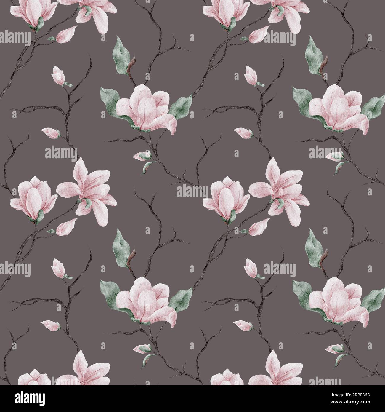 Motif Aquarelle magnolia sans couture. Fond de fleurs et branches de magnolia. Illustration d'aquarelle raster dans un style tendance. Banque D'Images