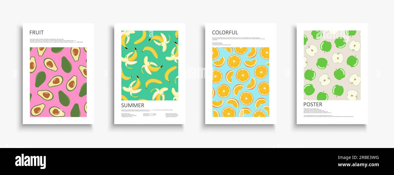 Ensemble d'affiches d'été colorées, modèles, pancartes de fond, brochures, bannières, dépliants et etc Couvertures de fruits brillants. Imprimés tropicaux éclatants Illustration de Vecteur