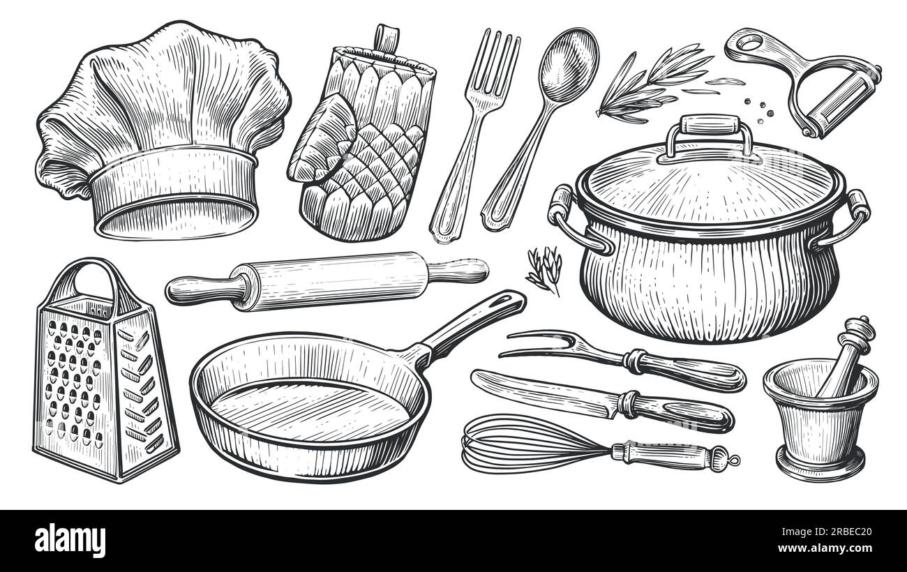 Concept de cuisine. Ustensiles de cuisine dans le style de gravure vintage. Illustration vectorielle d'esquisse Illustration de Vecteur