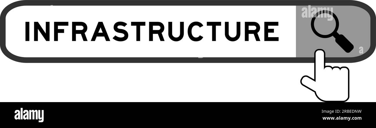 Bannière de recherche dans l'infrastructure Word avec la main sur l'icône de loupe sur fond blanc Illustration de Vecteur