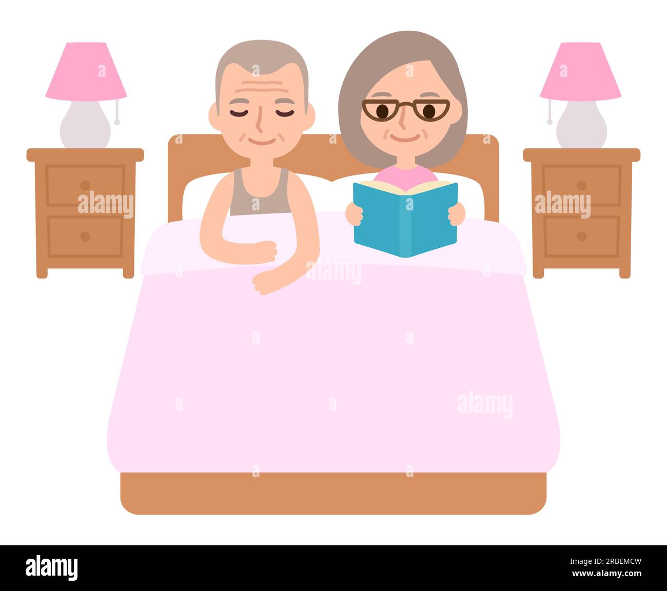 Mignon couple senior de dessin animé au lit, homme dormant et femme lisant un livre. Illustration vectorielle de routine de relaxation du coucher. Illustration de Vecteur