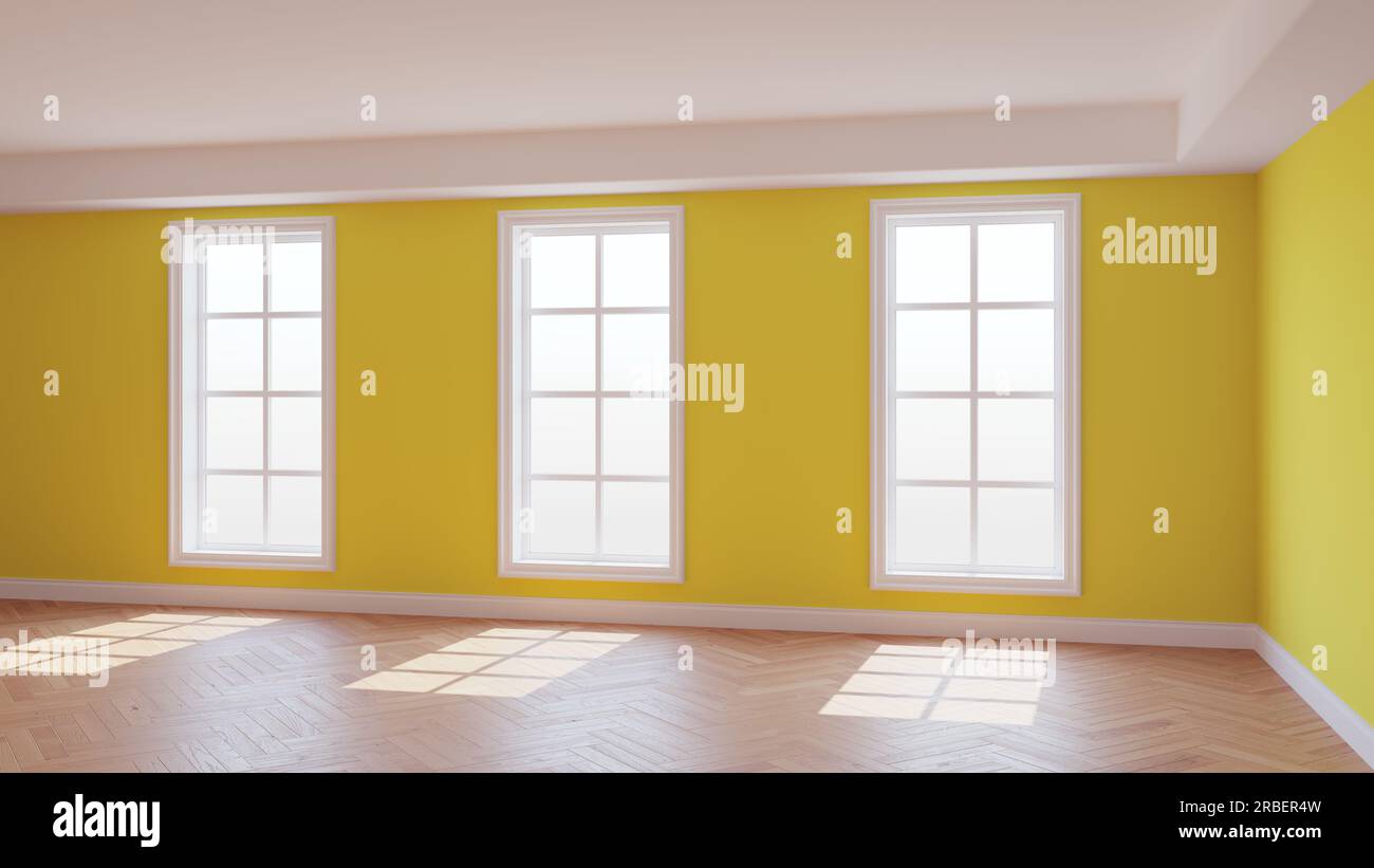 Intérieur ensoleillé de la chambre jaune avec trois grandes fenêtres, parquet brillant à chevrons clair et un Plinth blanc. Beau concept du vide Banque D'Images