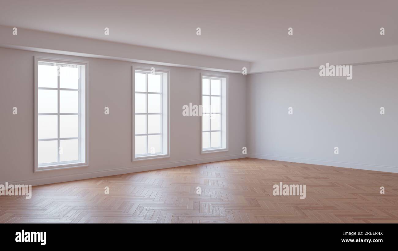 Intérieur vide de la salle avec murs en stuc blanc, trois grandes fenêtres, parquet brillant à chevrons et un socle blanc. Concept de l'Unfurnture Banque D'Images