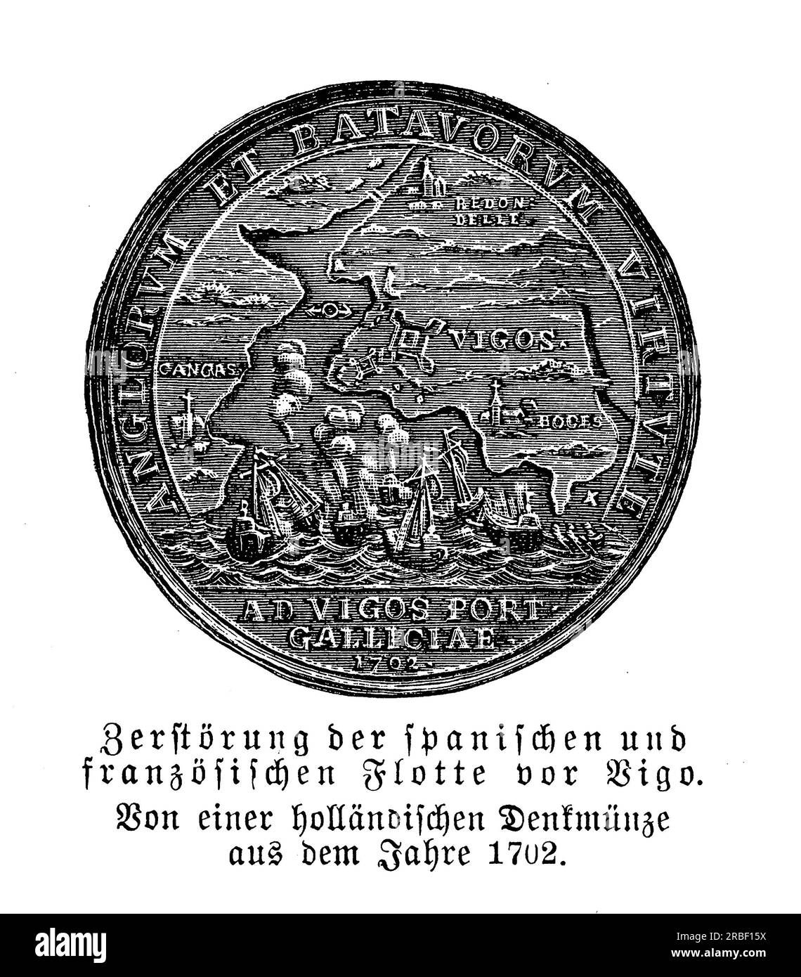 Médaille comemmorative hollandaise de la bataille de la baie de Vigo,1702, également connue sous le nom de bataille de Rande en Galice, engagement naval pendant la guerre de succession d'Espagne avec la défaite de la flotte hispano-française Banque D'Images
