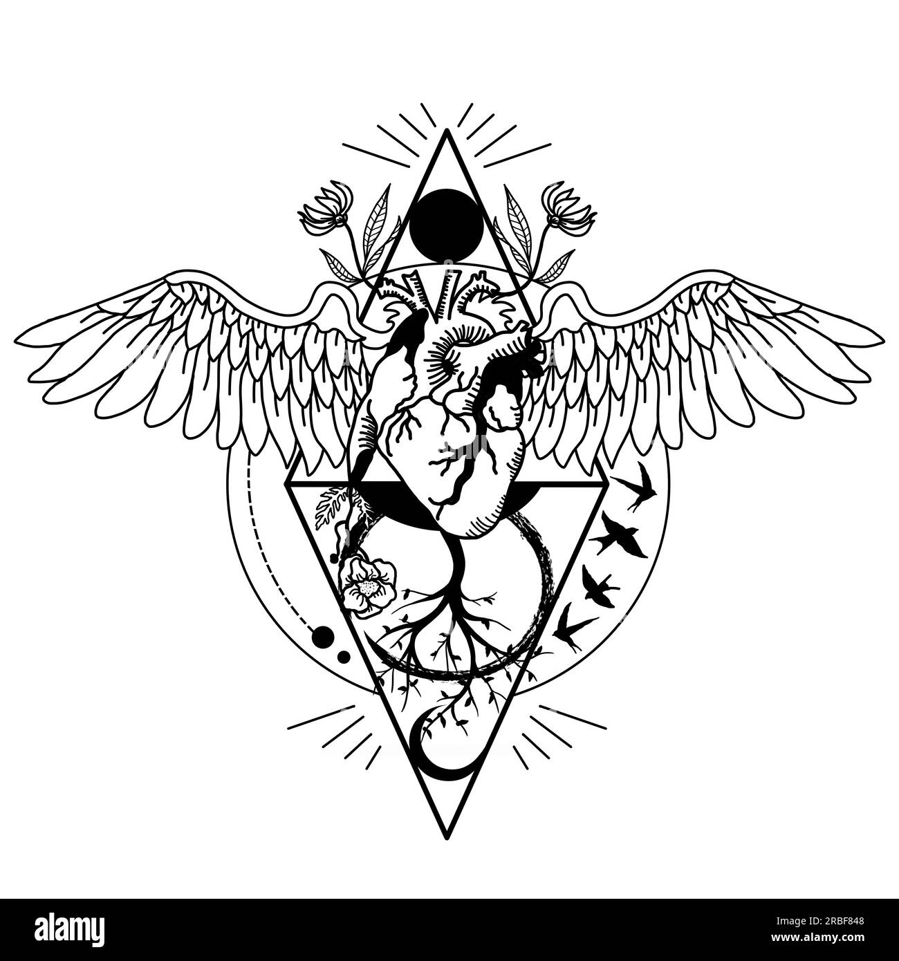 Line Art Winged Heart with Flowers Tattoo Illustration géométrique, Black and White Organ Heart with Wings Drawing, tatouage minimal au trait Banque D'Images