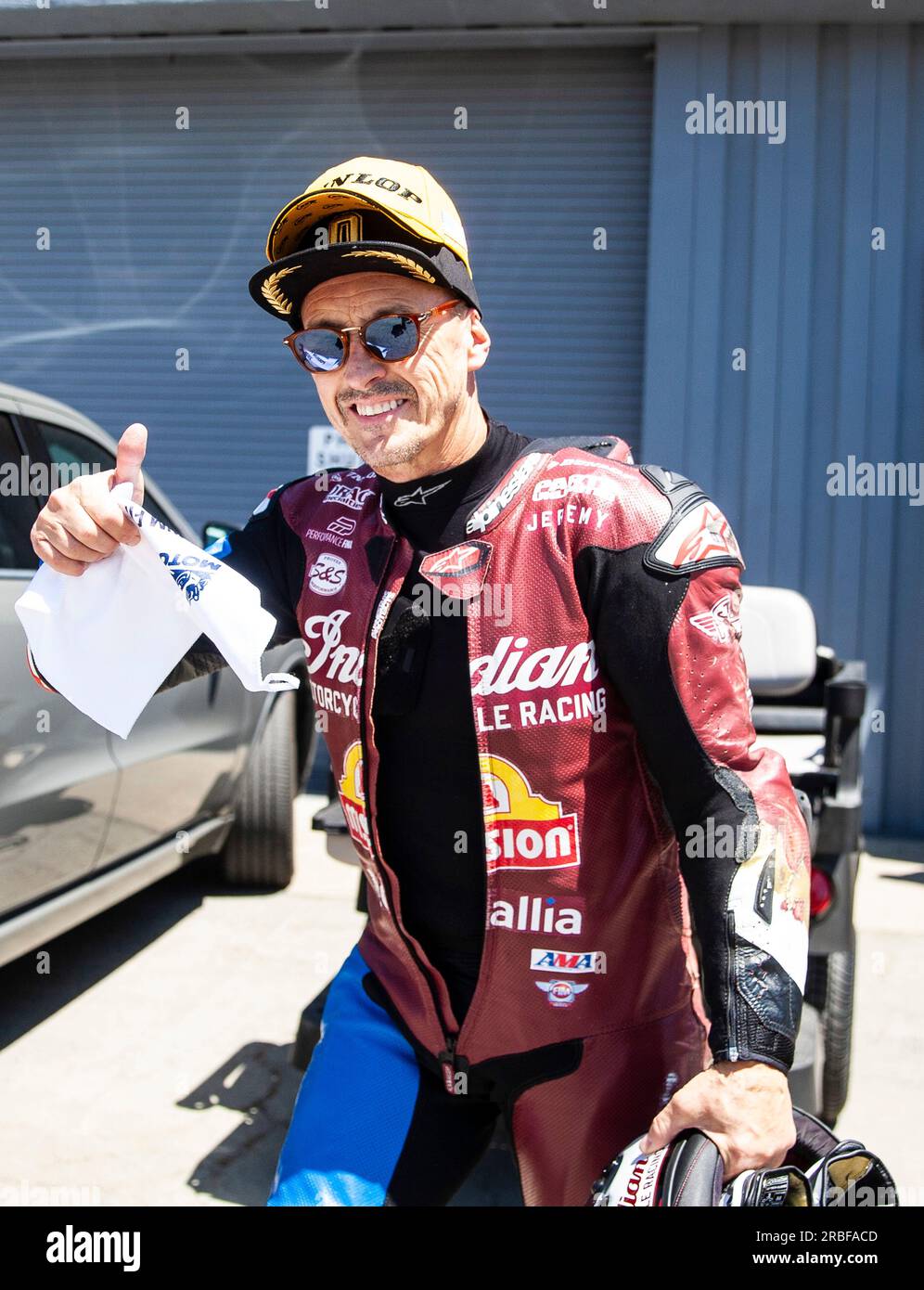 Juillet 08 2023 Monterey, CA, U.S.A Jeremy McWilliams(99)quittant l'interview sur le podium des coureurs après la Mission Foods MotoAmerica King of the Baggers Championship au WeatherTech Raceway Laguna Seca Monterey, CA Thurman James/CSM Banque D'Images