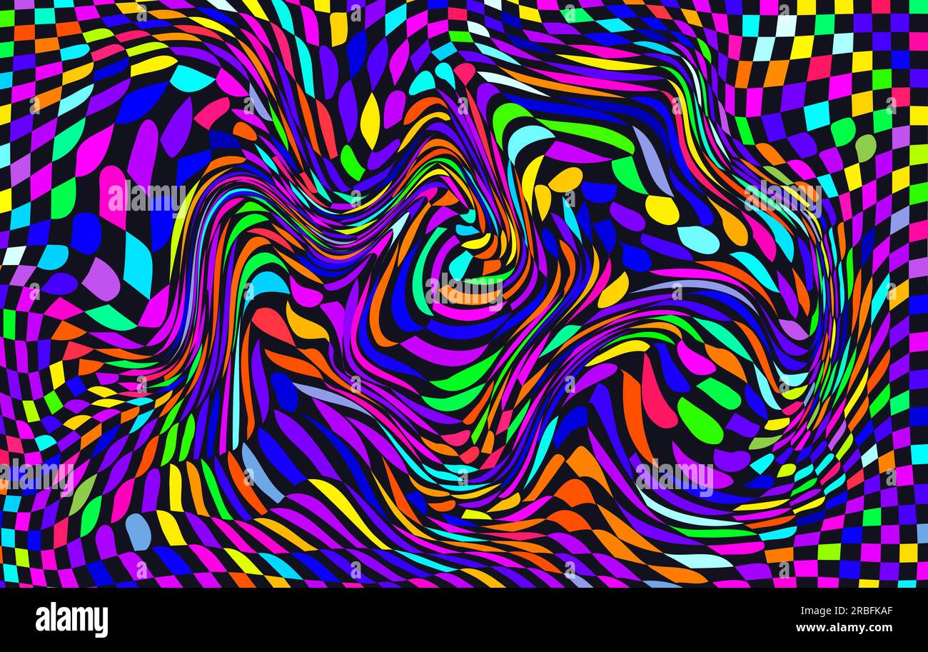 Motif à carreaux au néon déformé. Euphorie abstraite. Hallucination dans la conscience Illustration de Vecteur