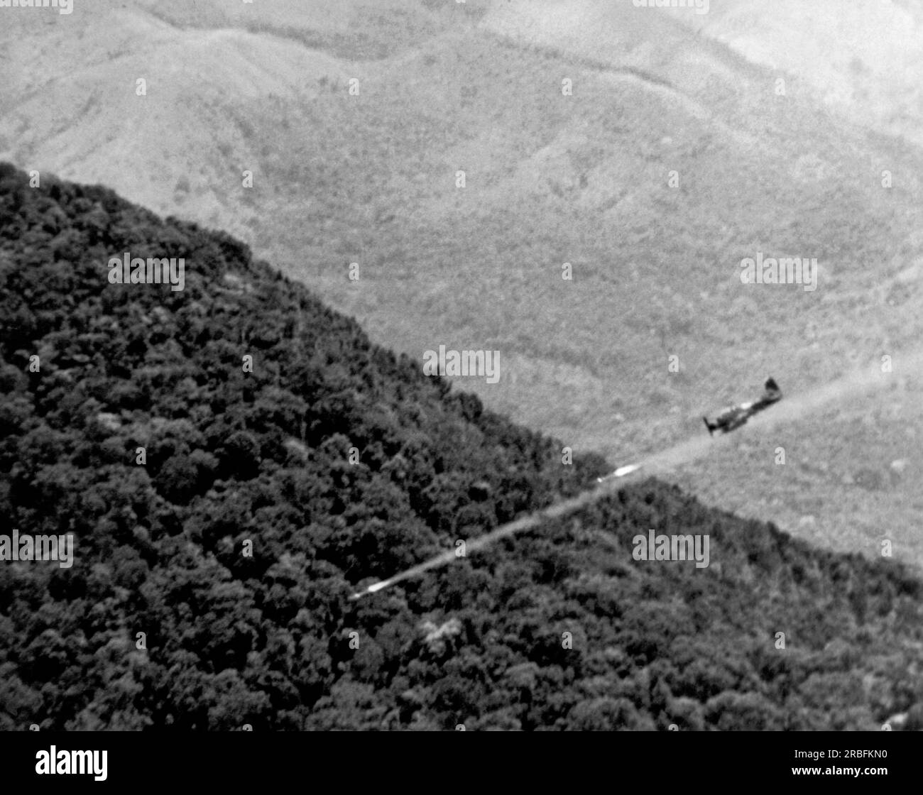 Vietnam : octobre 1966 A États-Unis L'Air Force A-1E Skyraider frappe une position Viet Cong dans les hauts plateaux du centre du Vietnam pendant l'opération Thayer, un balayage de recherche et de destruction. Les pilotes de l'Armée de l'Air ont effectué 383 sorties au cours de l'opération, tuant 230 Viet Cong. Banque D'Images