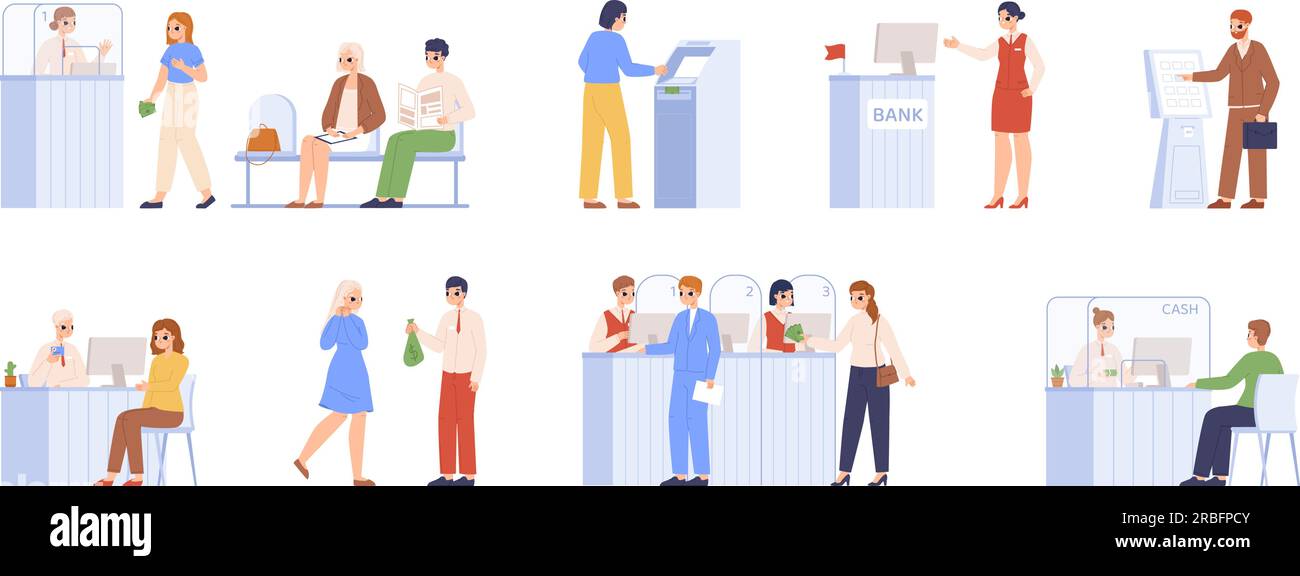 Informations bancaires et scènes de service à la clientèle. Client de dessin animé et caissier, consultant au comptoir et au guichet automatique. Bureau bancaire, clients confortablement ensemble de vecteur Illustration de Vecteur