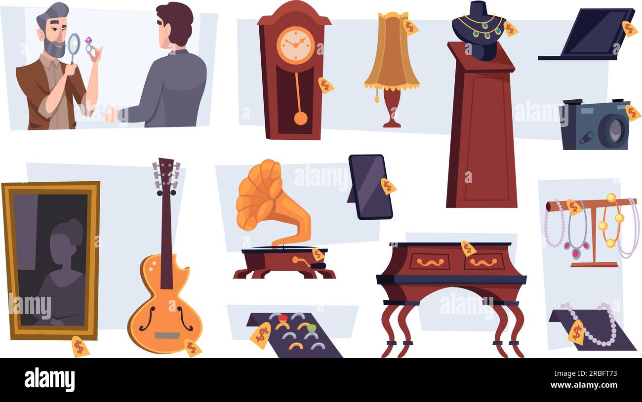 Pawn Shop. Outils de bijoux antiques pour vendre des objets coûteux et rares modèle exact de dessin animé vectoriel Illustration de Vecteur