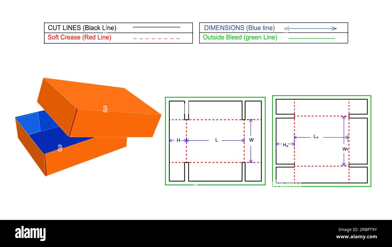 Boîte en carton, boîte pliante ondulée FEFCO301, rendu 3D et modèle de ligne de matrice avec redimensionnable Illustration de Vecteur