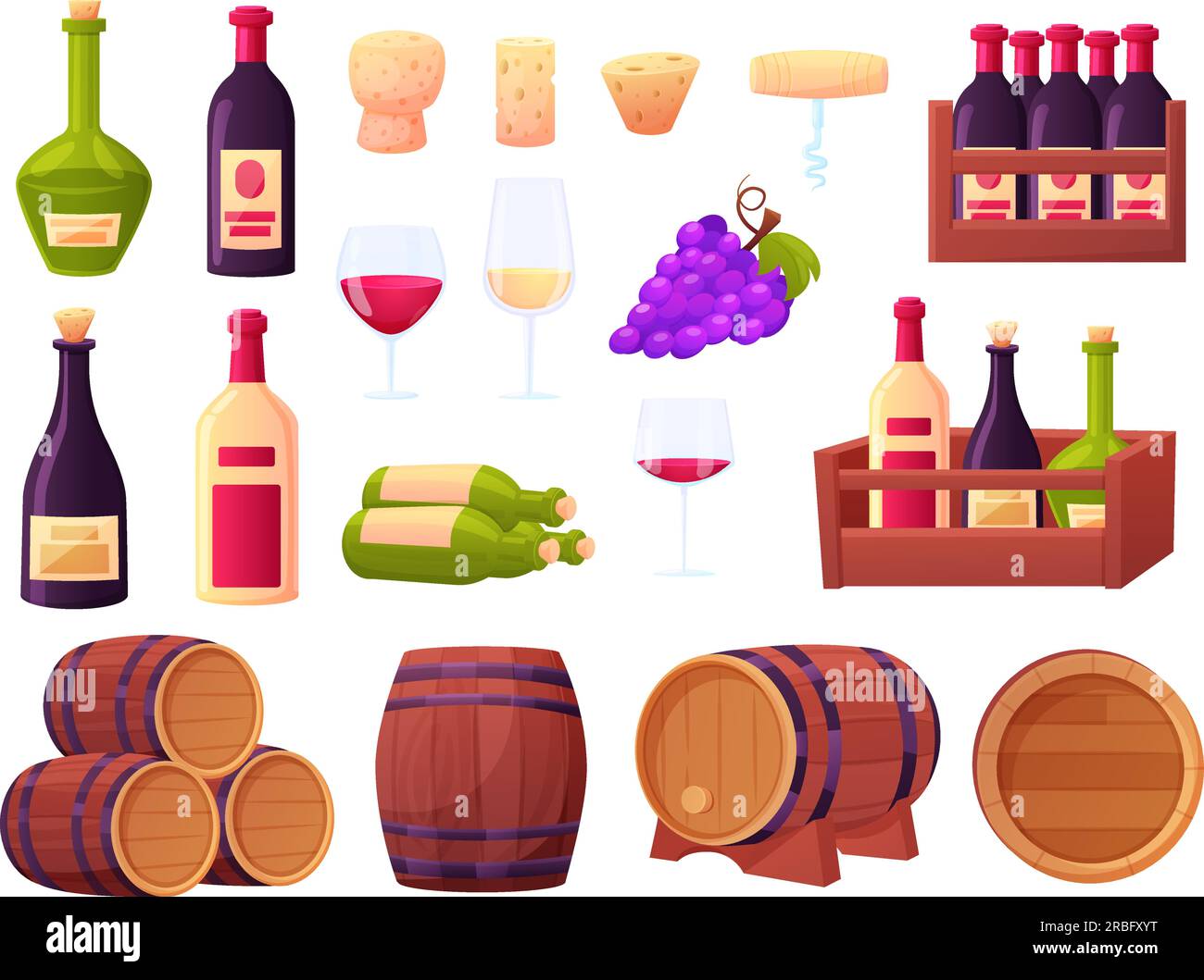 Éléments de vin de dessin animé, bouteilles, verres et boîtes en bois. Équipement de cave, production de boisson vintage. Clipart vectoriel de la ferme viticole nowaday Illustration de Vecteur