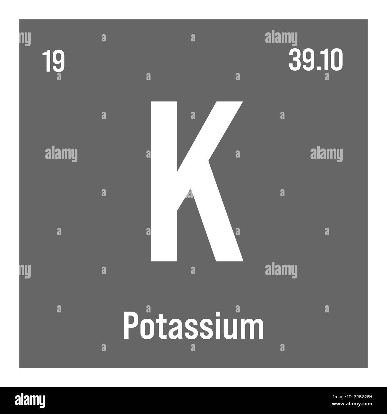 Potassium, K, élément de table périodique avec nom, symbole, numéro atomique et poids. Métal alcalin à diverses utilisations industrielles, comme dans les engrais, le savon, et comme médicament pour certaines conditions médicales. Illustration de Vecteur