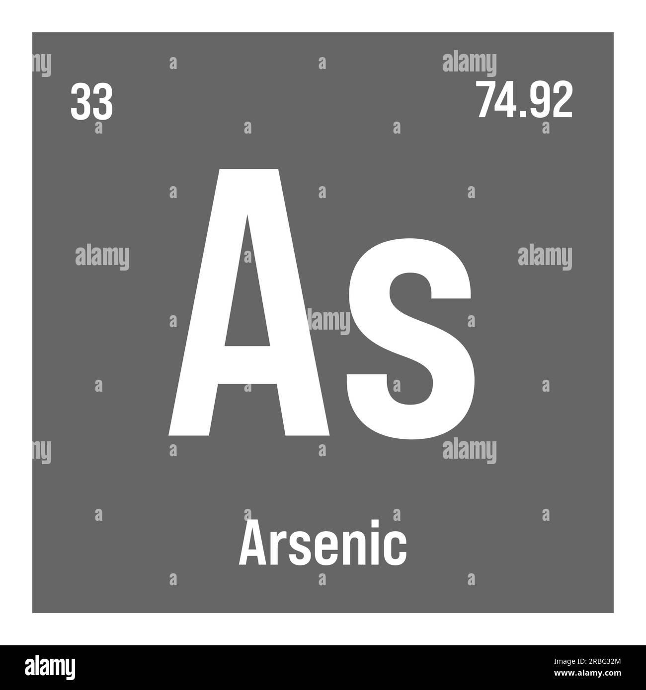 Arsenic, As, élément de table périodique avec nom, symbole, numéro atomique et poids. Métalloïde toxique à usage industriel limité, mais utilisé historiquement dans les pesticides, les agents de conservation du bois et à des fins médicinales. Illustration de Vecteur