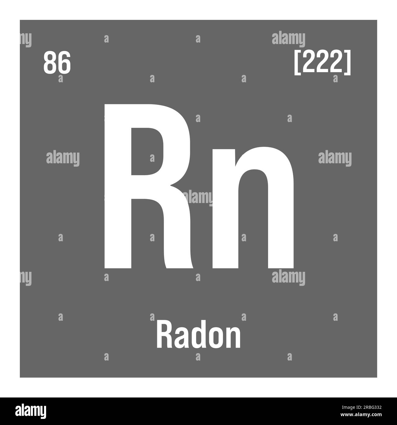 Radon, Rn, élément de table périodique avec nom, symbole, numéro atomique et poids. Gaz inerte aux propriétés radioactives, utilisé dans la recherche scientifique et comme traceur dans certains types d'expériences. Illustration de Vecteur
