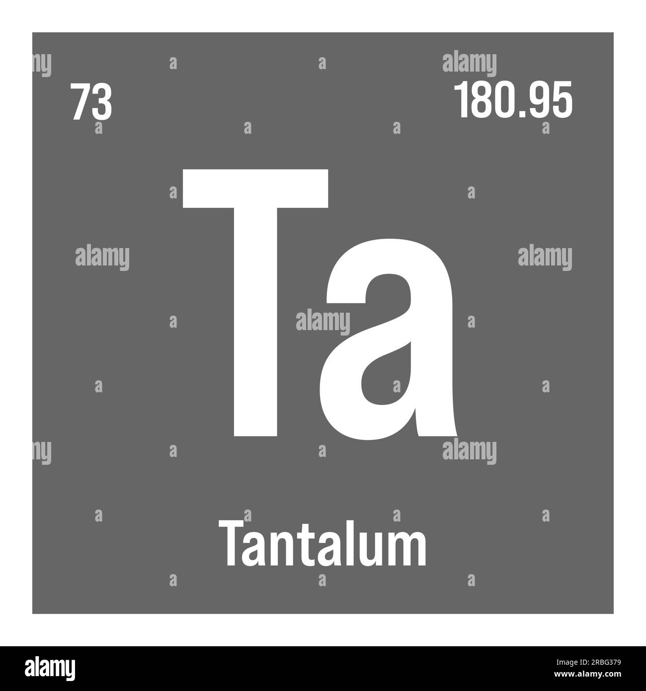 Tantale, Ta, élément de table périodique avec nom, symbole, numéro atomique et poids. Métal de transition à diverses utilisations industrielles, comme dans les condensateurs électriques, certains types d'implants médicaux, et comme composant dans certains types d'alliages. Illustration de Vecteur
