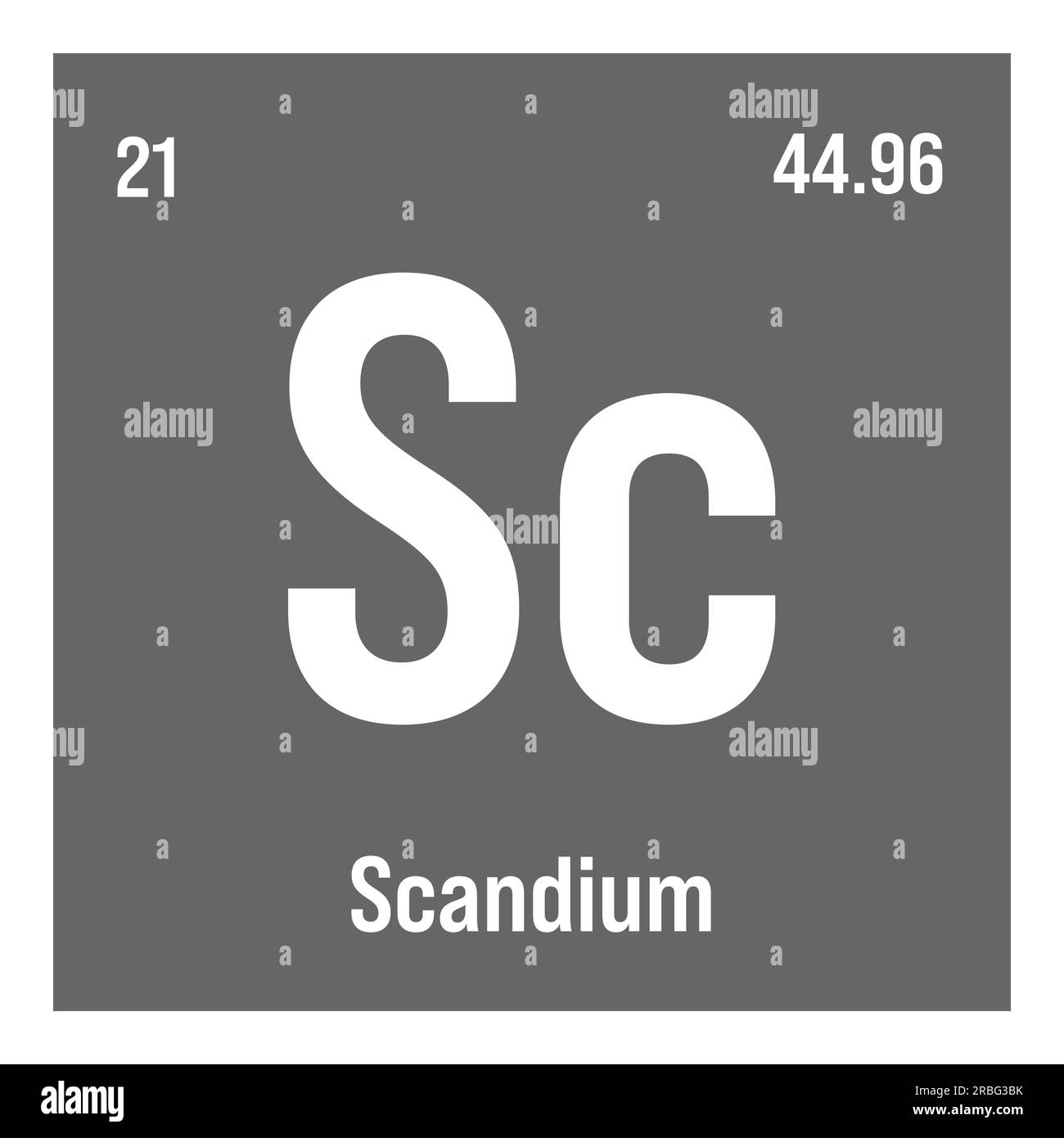 Scandium, SC, élément de table périodique avec nom, symbole, numéro atomique et poids. Métal de transition à diverses utilisations industrielles, comme dans les alliages d'aluminium, l'éclairage, et comme composant dans certains types de verre. Illustration de Vecteur