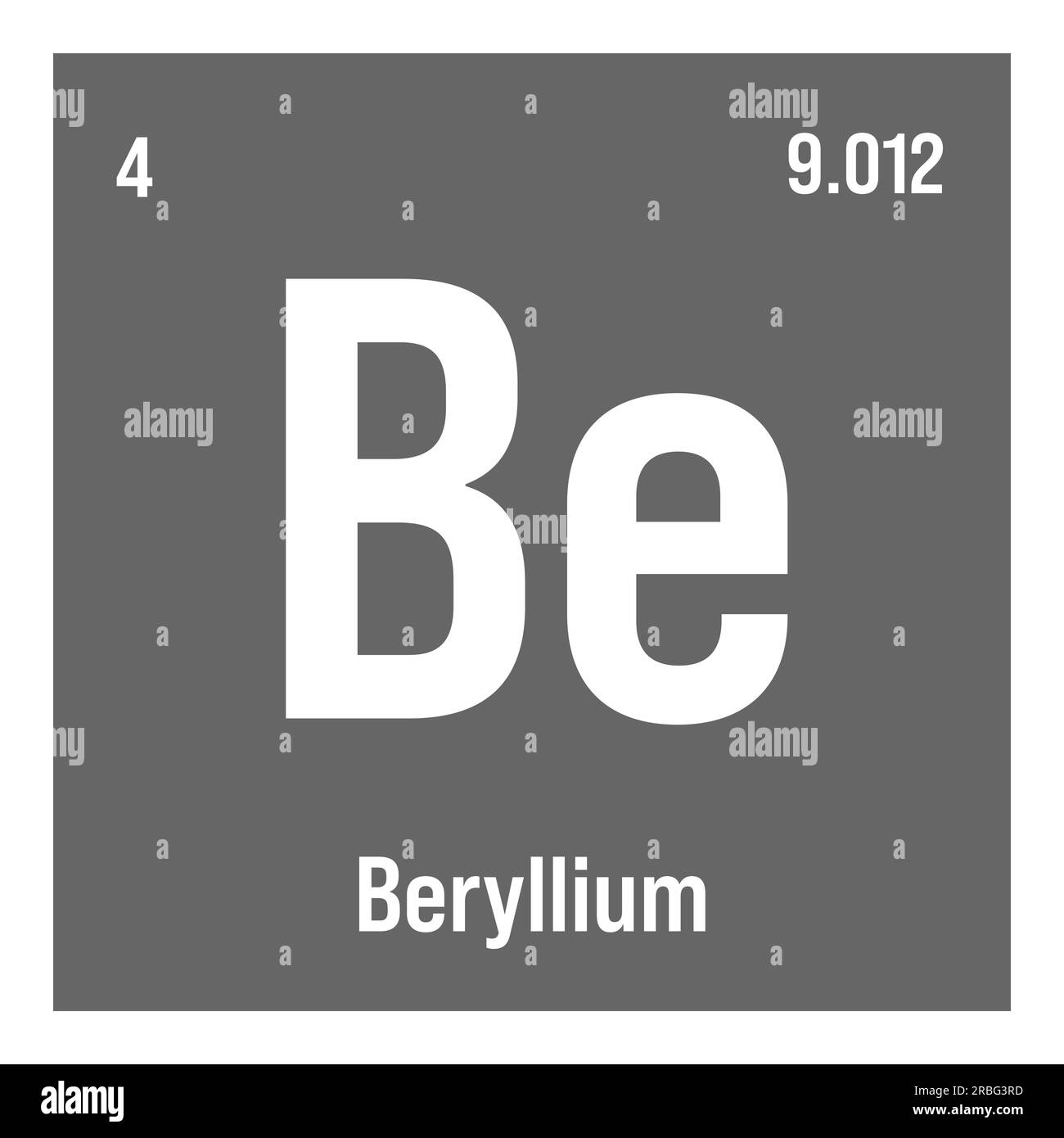 Béryllium, BE, élément de table périodique avec nom, symbole, numéro atomique et poids. Métal léger à haute résistance et résistance à la chaleur, couramment utilisé dans les industries de l'aérospatiale et de la défense. Illustration de Vecteur