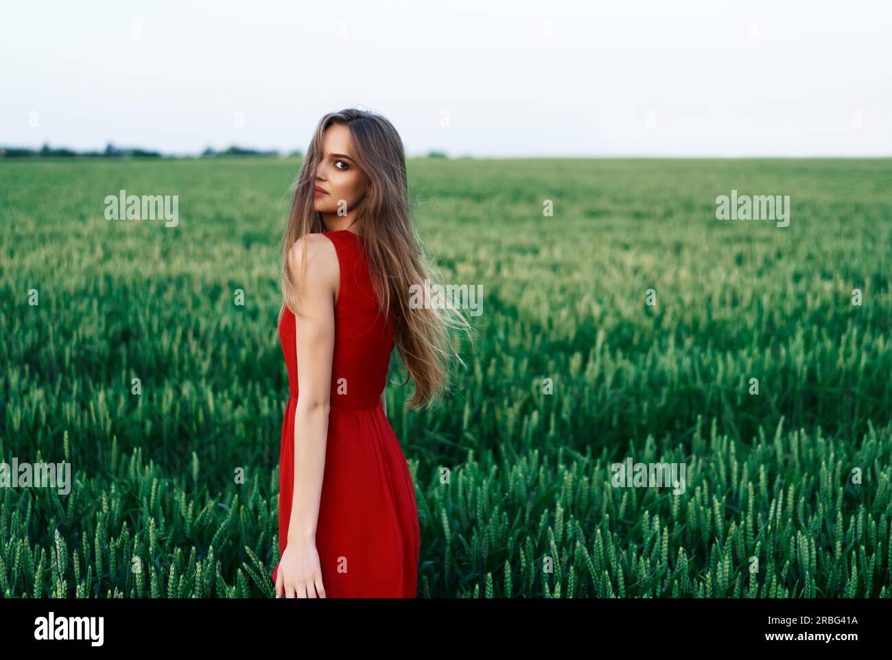 Belle jeune femme en robe rouge qui pose à l'extérieur dans le champ d'été vert. Fashion, beauty concept Banque D'Images