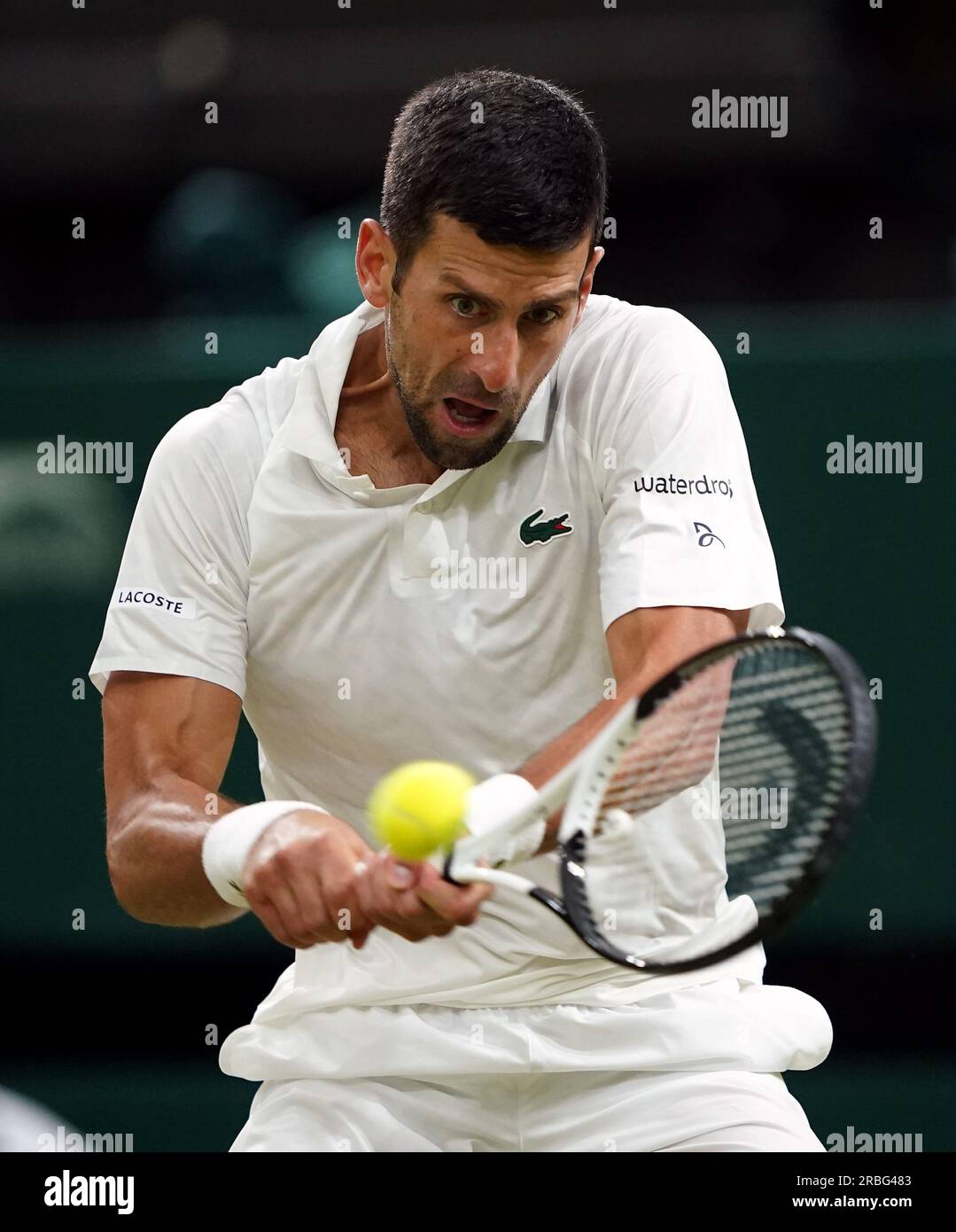 Novak Djokovic en action contre Hubert Hurkacz (non représenté) lors du septième jour des Championnats de Wimbledon 2023 au All England Lawn tennis and Croquet Club à Wimbledon. Date de la photo : dimanche 9 juillet 2023. Banque D'Images Novak Djokovic en action contre Hubert Hurkacz (non représenté) lors du septième jour des Championnats de Wimbledon 2023 au All England Lawn tennis and Croquet Club à Wimbledon. Date de la photo : dimanche 9 juillet 2023. Banque D'Images
