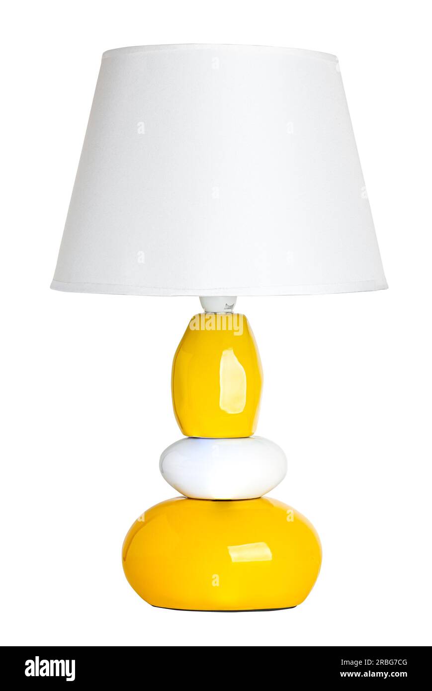 Un peu jaune, gris et blanc avec une lampe à abat-jour, isolé sur fond blanc Banque D'Images
