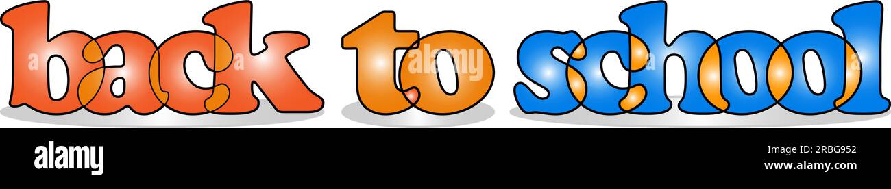 Retour à l'école. Inscription jaune-orange-bleu avec une ombre. Texte drôle. logo. Police d'origine isolée. Illustration de Vecteur
