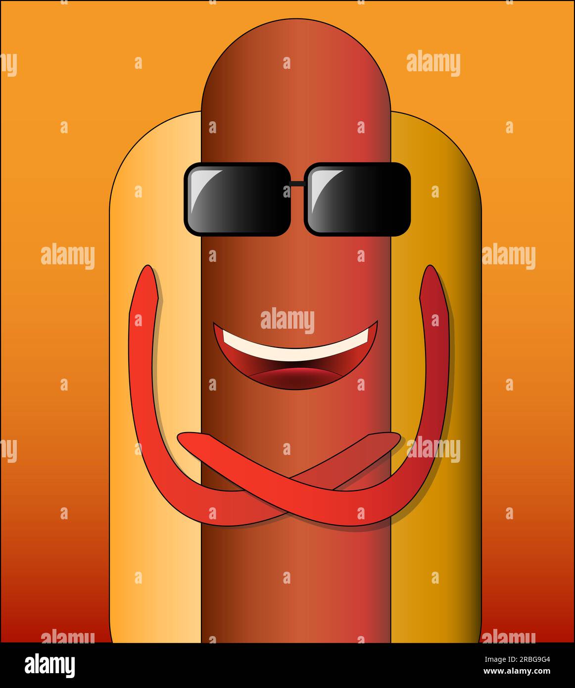 Hot dog drôle avec des lunettes et un sourire. Ketchup au lieu des mains. Restauration rapide. Saucisse à visage humain. Isolé sur fond blanc. Illustration de Vecteur