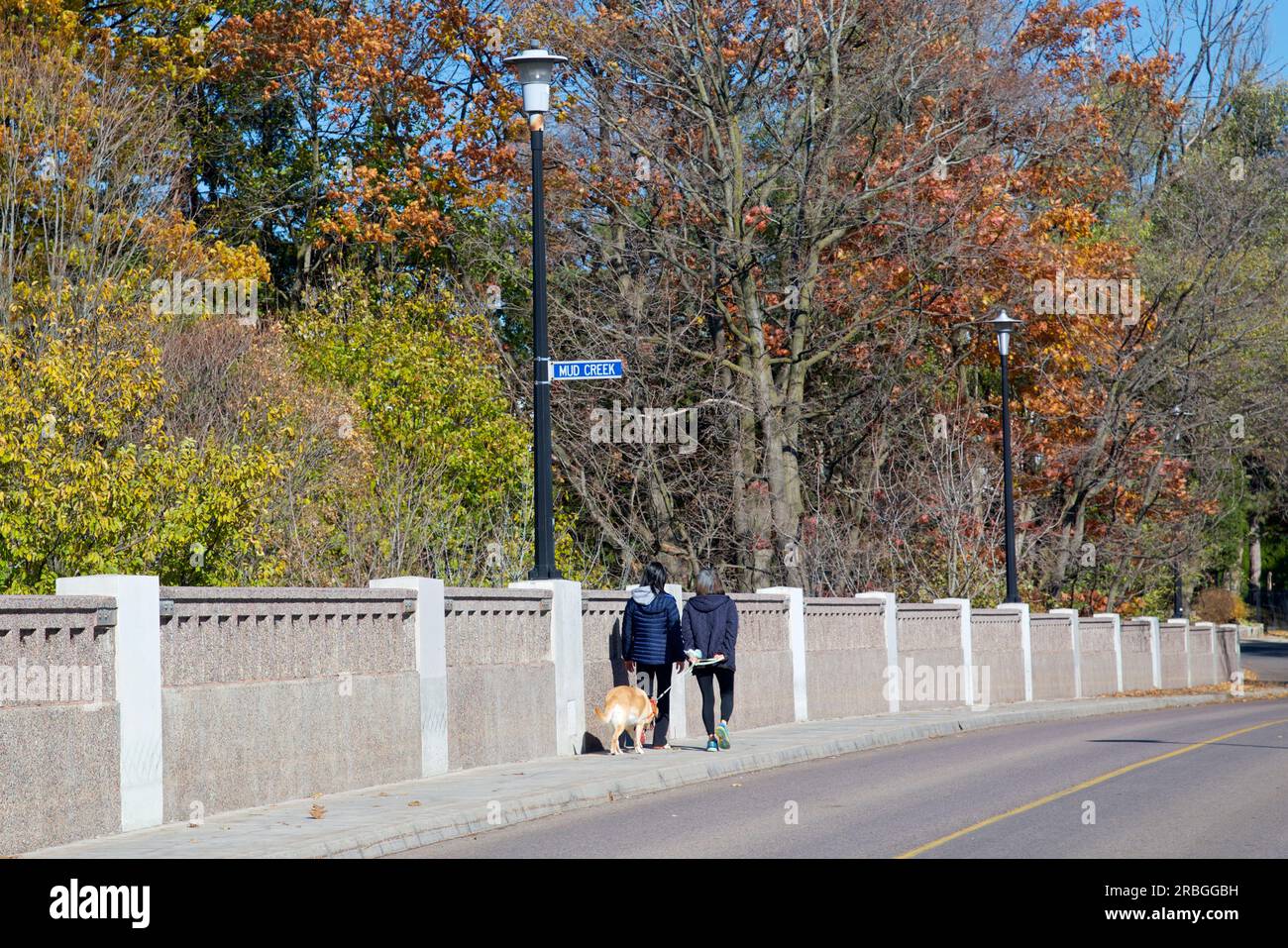 Deux femmes promenant le chien sur le pont avec la couleur des feuilles d'automne Banque D'Images