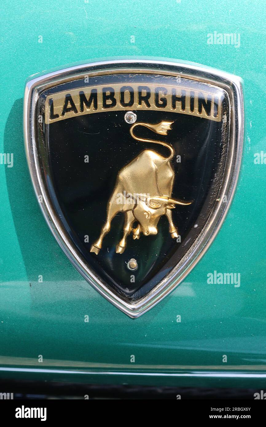 Un motif classique de bouclier Lamborghini avec l'unique taureau de combat espagnol fixé à une Lamborghini Jarama S, l'un des 152 de ces modèles construits. Banque D'Images