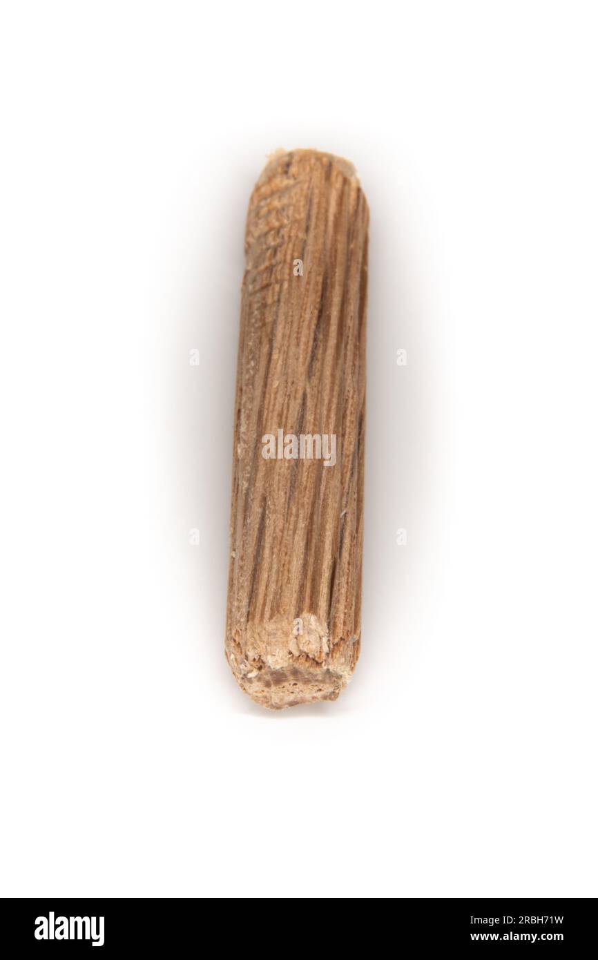 chevilles simples en chêne sur fond blanc, chevilles utilisées pour joindre deux morceaux de bois, joint, menuiserie Banque D'Images